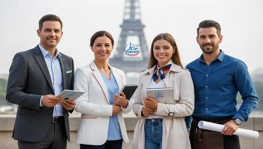Profesionales hispanohablantes preparándose para trabajar en Francia con clases de francés C1 online